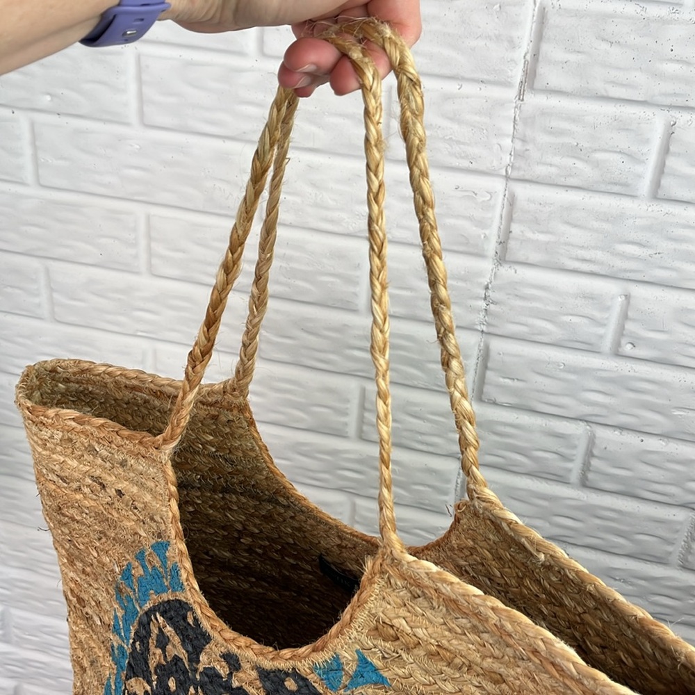 ANTIK KRAFT 100% JUTE Natural Woven Boho Large Tote Bag Blue Mandala Medallion - Picture 6 of 12